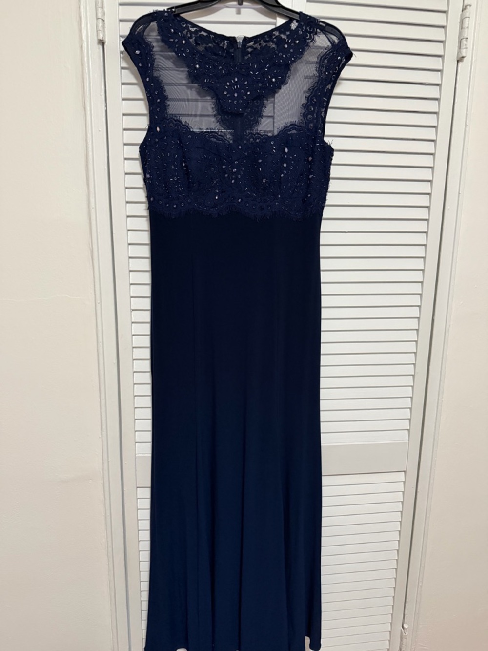 Xscape Navy Beaded Lace Maxi Dress